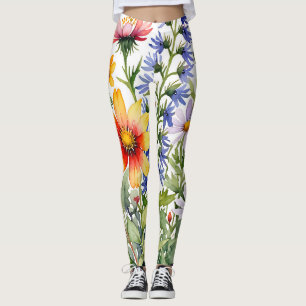 Pretty colorful wildflowers watercolor painting leggings