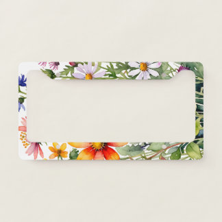 Pretty colorful wildflowers watercolor painting license plate frame