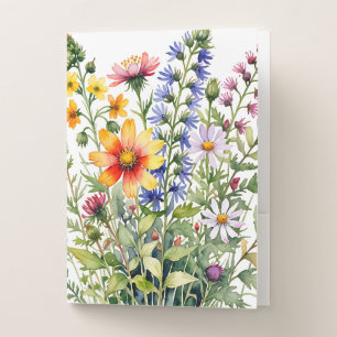 Pretty colorful wildflowers  watercolor painting pocket folder