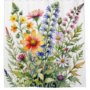 Pretty colorful wildflowers watercolor painting shower curtain