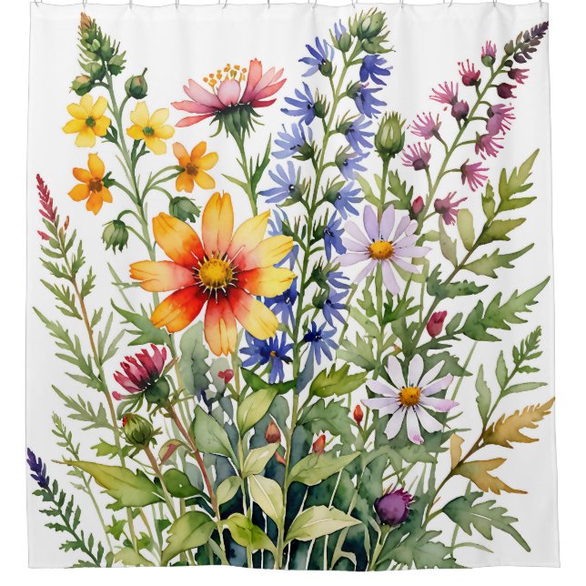 Pretty colorful wildflowers watercolor painting shower curtain (Front)