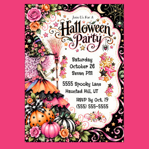 Pretty Colorful Witch Halloween Party Invitation