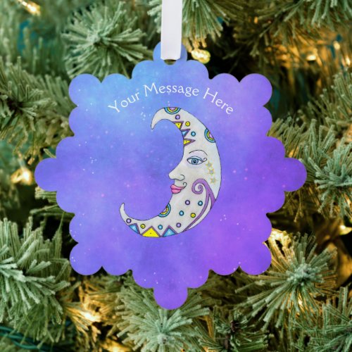 Pretty Colorfully Decorated Crescent Moon Face Sky Ornament Card