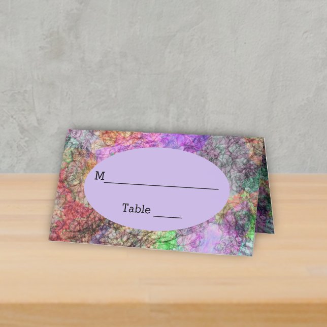 Pretty Colors Purple Pink Yellow Green Swirled Place Card (Abstract swirls of colours in pastels with grey circles on standing table event place card.)