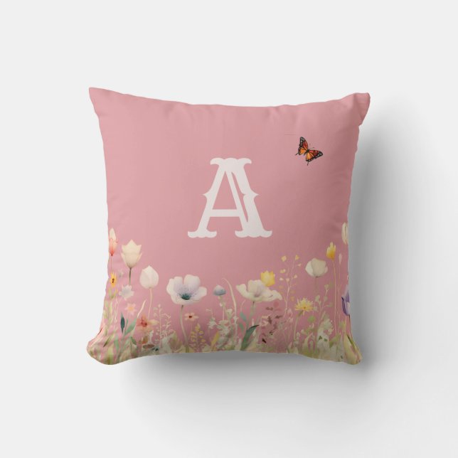 Pretty Colors Watercolor Wildflowers and Monogram Throw Pillow (Front)
