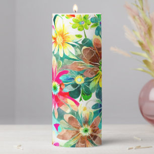 Pretty Colourful Floral Pattern Pillar Candle