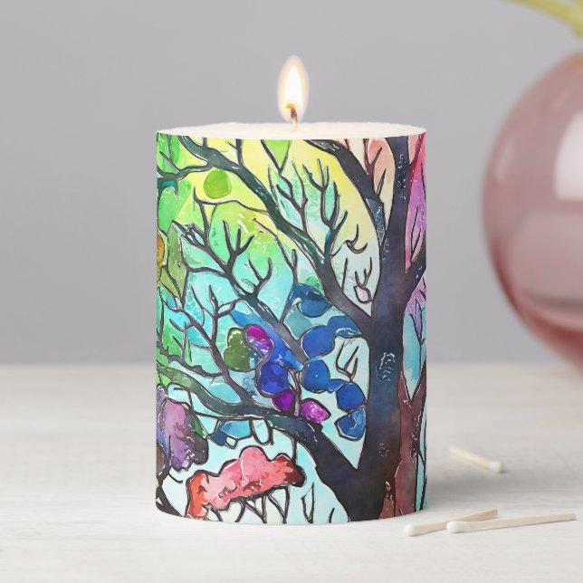 Pretty Colourful Tree Pattern Pillar Candle (In Situ)