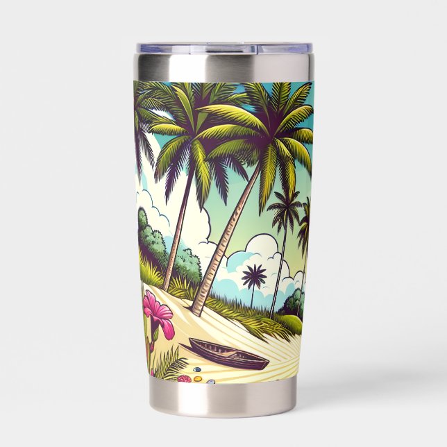 Pretty Comic Book Style Tropical Paradise Insulated Tumbler (Front)
