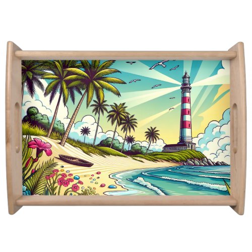 Pretty Comic Book Style Tropical Paradise Serving Tray