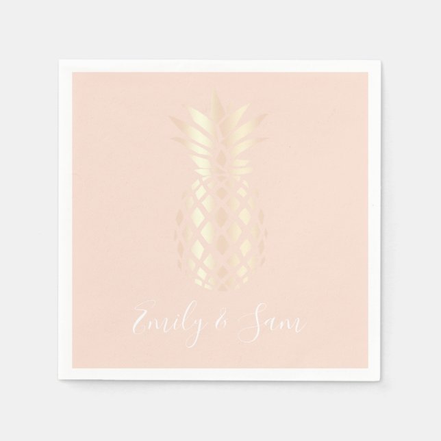 Pretty copper rose gold pineapple & blush pink napkins (Front)