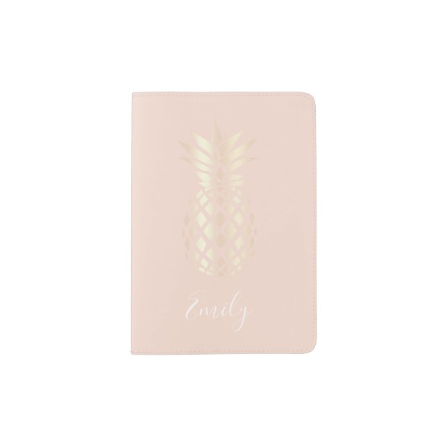 Pretty copper rose gold pineapple & blush pink passport holder (Front)