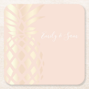 Pretty copper rose gold pineapple & blush pink square paper coaster