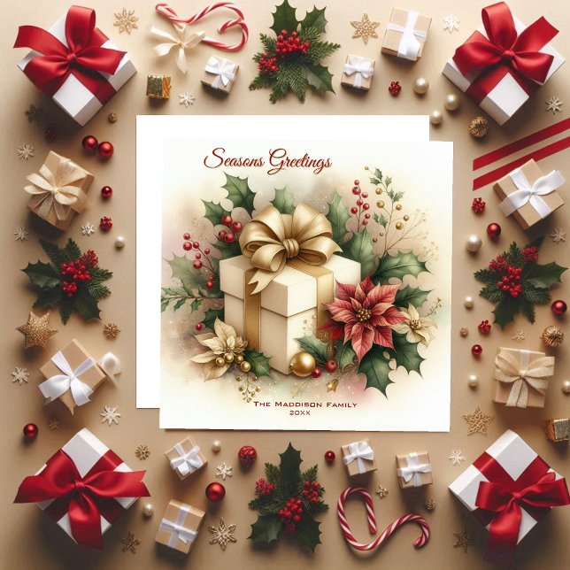Pretty Coquette Golden Bow Poinsettia Holiday Card (Creator Uploaded)