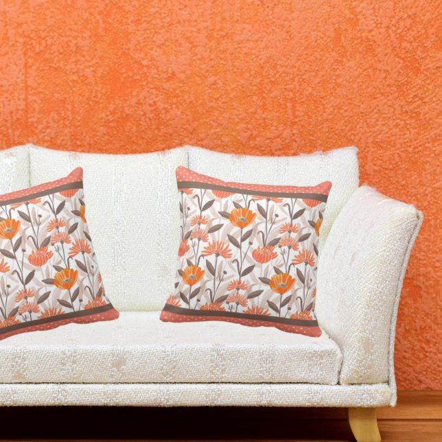 Pretty Coral & Orange Floral Panel Throw Pillow (Creator Uploaded)