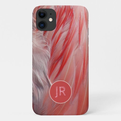 Pretty Coral Pink Flamingo Feathers Monogram iPhone 11 Case