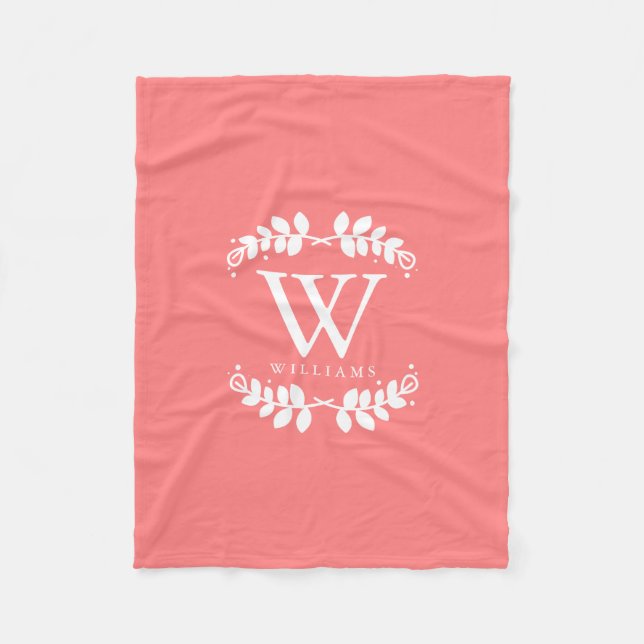 Pretty Coral Pink Monogram Fleece Blanket (Front)