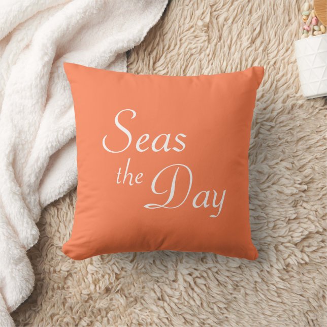 Pretty coral pink "Seas the Day" Throw Pillow (Blanket)