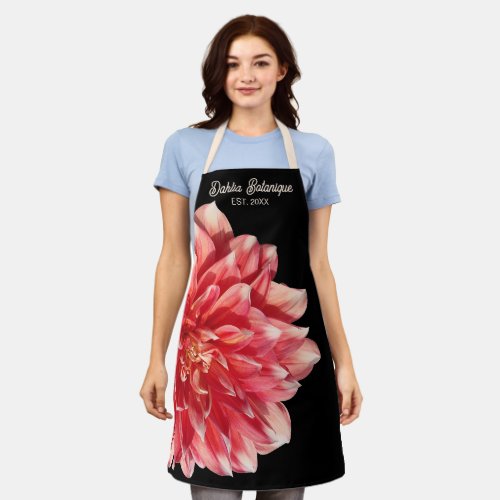 Pretty Coral Red Dahlia Store Name Date On Black Apron