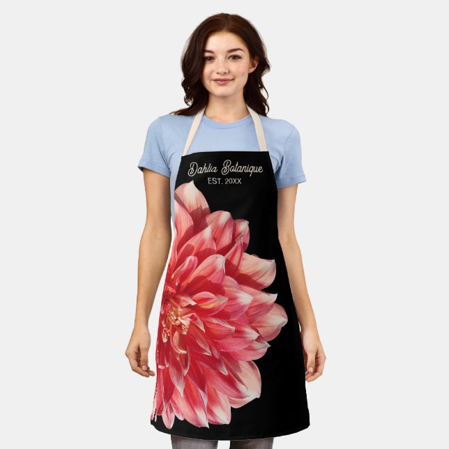 Pretty Coral Red Dahlia Store Name Date On Black Apron (Worn)