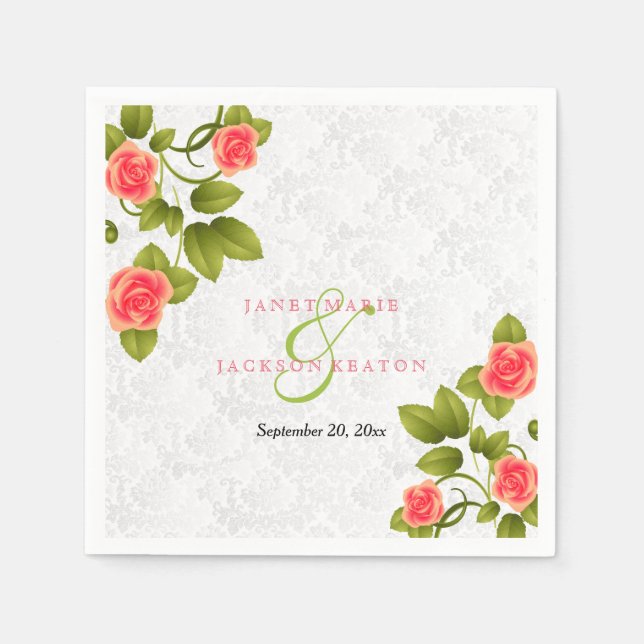 Pretty Coral Rose Flower Paper Napkins (Front)