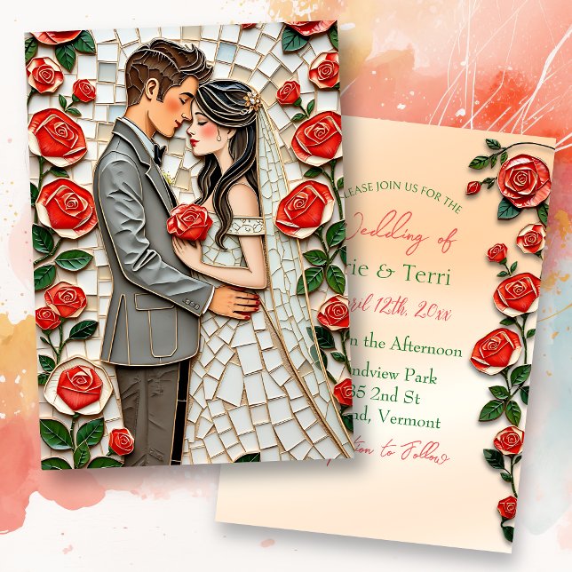 Pretty Coral Roses Mosaic Mr and Mrs Wedding Invitation (Creator Uploaded)