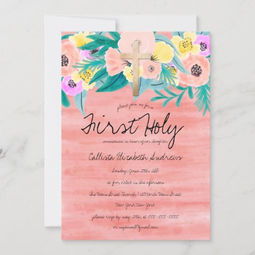 Pretty Coral Yellow Floral Watercolor Communion Invitation