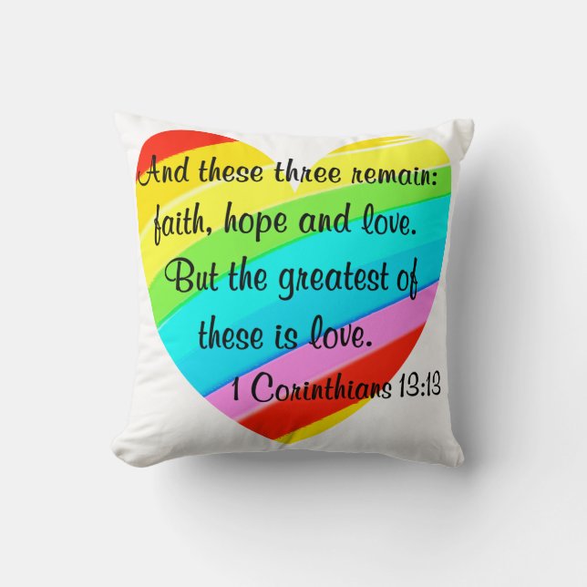 PRETTY CORINTHIANS 13:13 RAINBOW HEART DESIGN THROW PILLOW (Front)