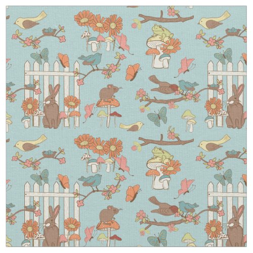 Pretty Cottagecore Birds and Animals Light Blue Fabric