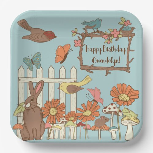 Pretty Cottagecore Birds and Animals Personalized Paper Plates