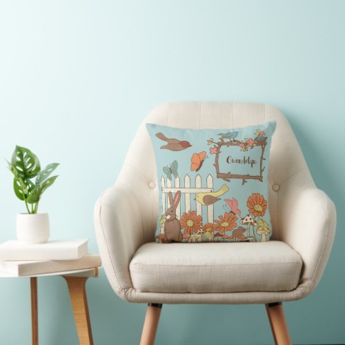 Pretty Cottagecore Birds and Animals Personalized Throw Pillow