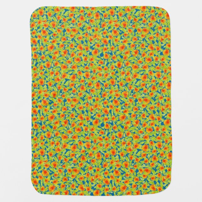 Pretty Country Marigolds on Blue Baby Blanket (Front)