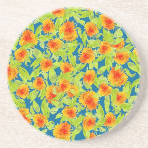 Pretty Country Marigolds on Blue Sandstone Coaster