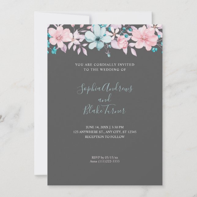 Pretty Country Pink and Blue Floral Gray Wedding Invitation (Front)