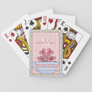 Pretty Country Tea Cup Floral Monogrammed Playing Cards