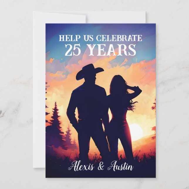Pretty Cowboy and Cowgirl 25th Anniversary  Invitation (Front)