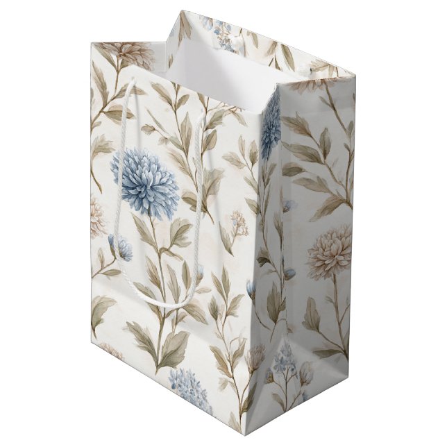 Pretty Cream Blue Flowers Bridal Shower Medium Gift Bag (Front Angled)