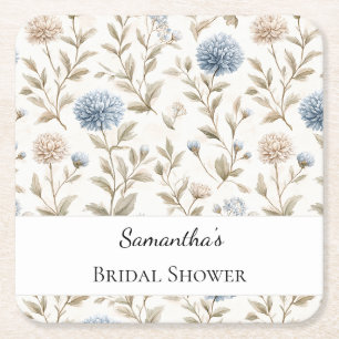 Pretty Cream Blue Flowers Bridal Shower Square Paper Coaster