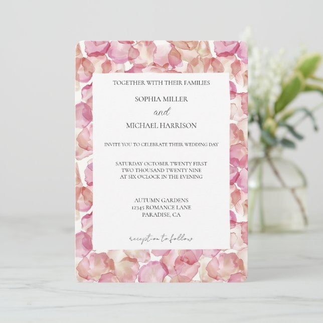 Pretty Cream Blush Pink Rose Petals Floral Wedding Invitation (Standing Front)