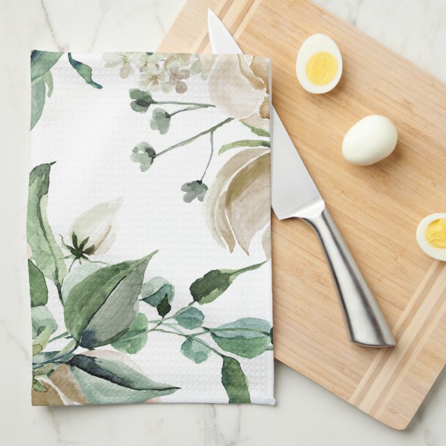 Pretty Cream Floral Botanical Kitchen Towel (Quarter Fold)
