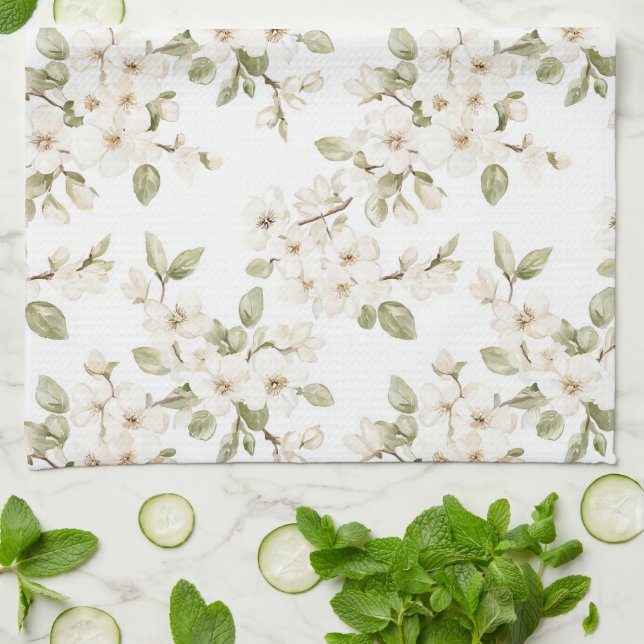 Pretty Cream Flowering Tree  Kitchen Towel (Folded)
