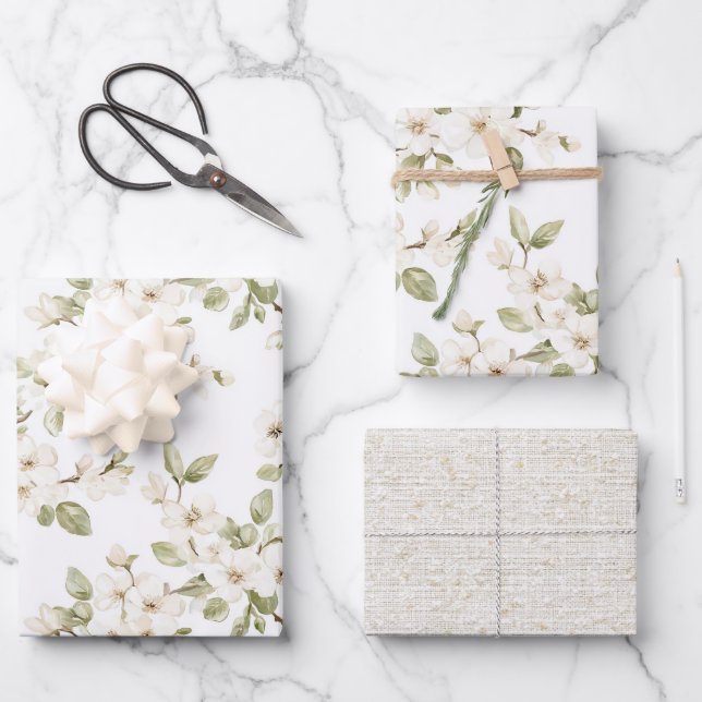 Pretty Cream Flowering Tree Wedding Wrapping Paper Sheets (Front)