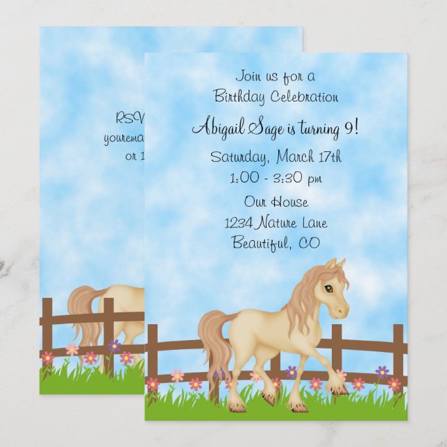 Pretty Cream Horse and Flowers Birthday Invitation (Front/Back)
