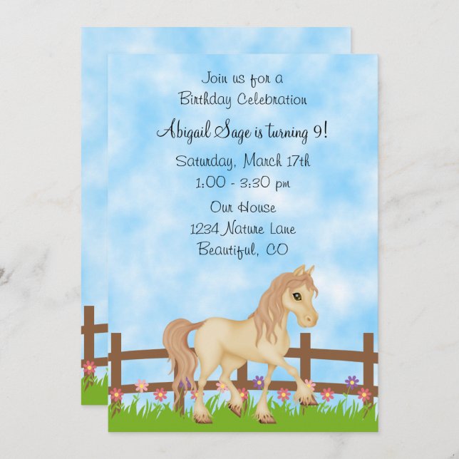 Pretty Cream Horse and Flowers Birthday Invitation (Front/Back)