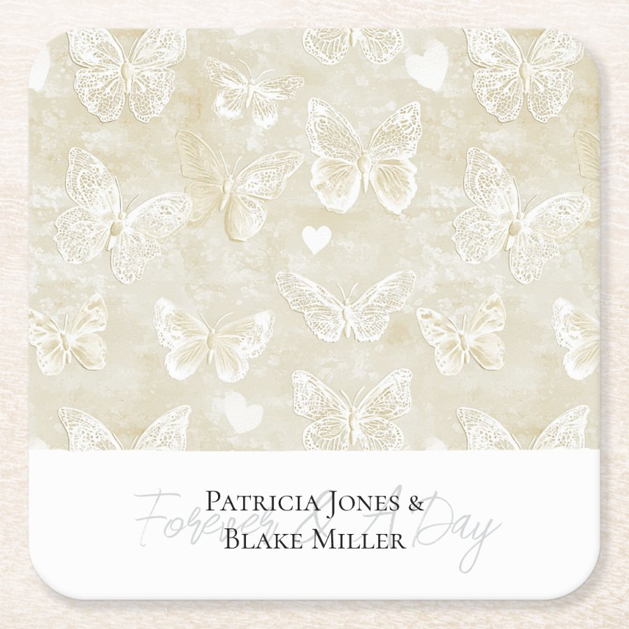 Pretty Cream Ivory Butterflies Hearts Wedding Square Paper Coaster