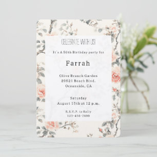 Pretty Cream Peach Floral Birthday   Invitation