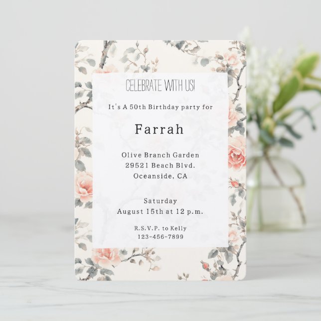 Pretty Cream Peach Floral Birthday   Invitation (Standing Front)
