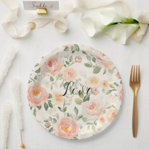 Pretty Cream Peach Floral Bridal Shower Paper Plates