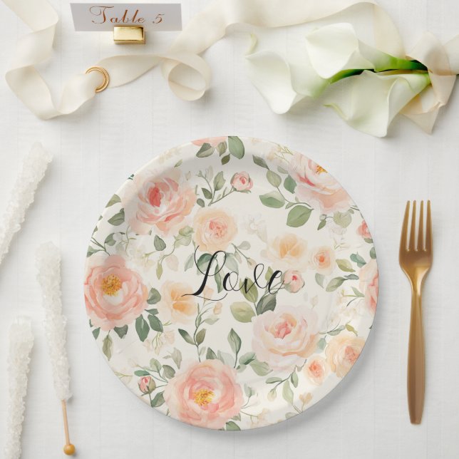 Pretty Cream Peach Floral Bridal Shower Paper Plates (Wedding)