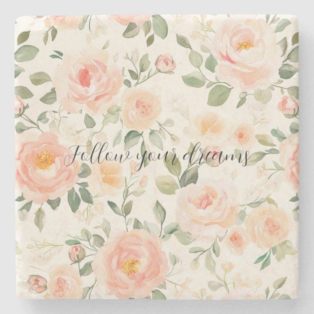 Pretty Cream Peach Floral Stone Coaster (Front)
