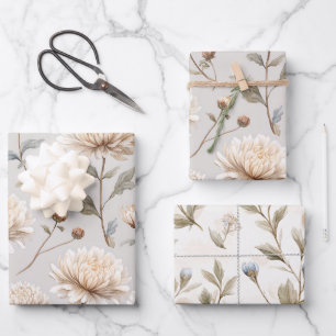 Pretty Cream Stone Blue Floral Bridal Shower Wrapping Paper Sheets